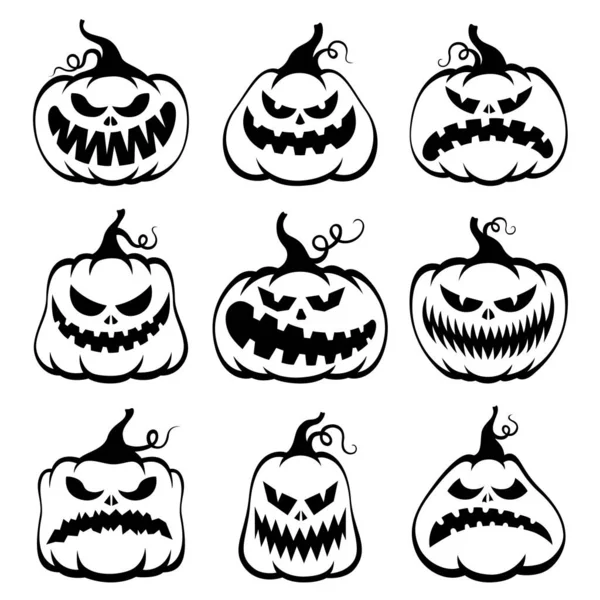 Zestaw Wektorowych Dyń Halloween Czarna Sylwetka Kreskówkowym Stylu Symbole Jesiennych — Wektor stockowy
