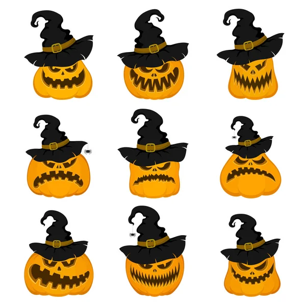 Conjunto Abóboras Vetoriais Chapéus Halloween Com Aranhas Estilo Dos Desenhos — Vetor de Stock