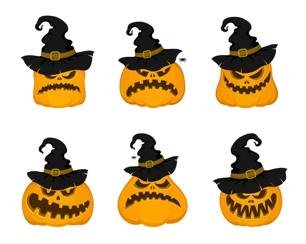 Zestaw Wektorowych Dyń Halloweenowych Kapeluszach Pająkami Styl Kreskówki Symbole Jesiennych — Wektor stockowy