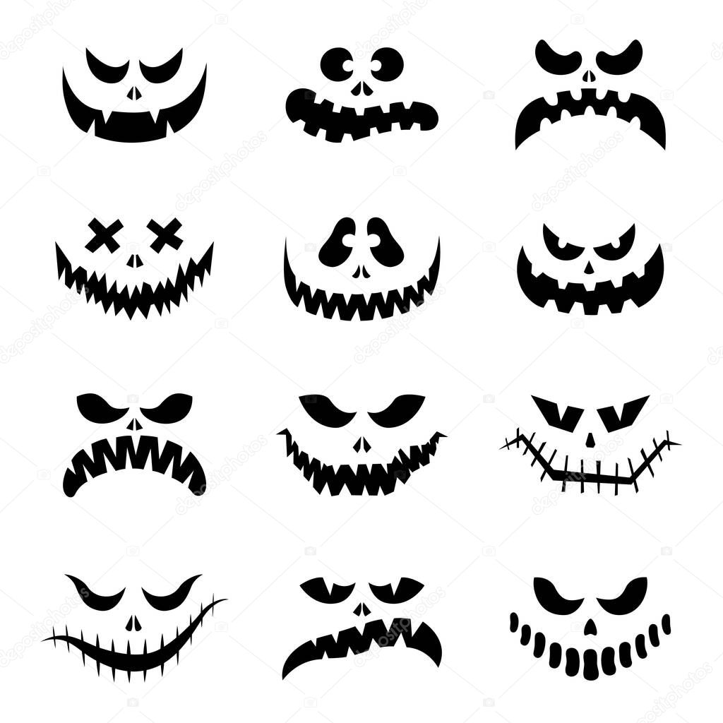 Scary silhouettes of pumpkin faces set. Halloween. Vector illustration. Cartoon style. Isolated on a white background. Eerie smiling carved faces. For postcards, flyers, T-shirt printing, textiles.