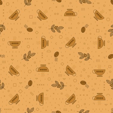 Kahve pürüzsüz vektör deseni. Kahve çekirdeği. Doğrusal stil. Dekoratif süs. Modern tekstil baskısı. Lezzetli. Kağıt ve duvar kağıtları, kumaşlar, kapaklar ve tekstil için.