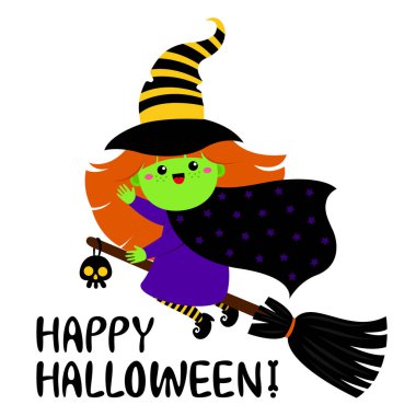 Süpürgeyle uçan şapkalı tatlı kızıl saçlı cadı. Kawaii tarzı. Vektör çizimi. Mesajla. El ilanları, davetiyeler, kartlar, posterler için. Beyaz arkaplanda izole.