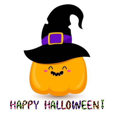 Cadılar Bayramı kawaii şapkalı balkabağı. Vektör tatil karikatür çizimi. Beyaz arka plan. Mesaj at. Komik kartpostal. Pankart tasarımı için, davet.