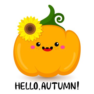 Kawaii ayçiçekli balkabağı. Şükran Günü için. Şirin vektör çizimi. Mesajla. Çizgi film tarzı. Çıkartmalar, parmak izleri, kartpostallar için. Sonbahar sembolü. Gülen komik sebze. Beyazda izole edilmiş.