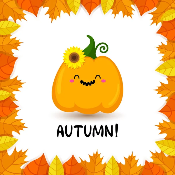 Balkabaklı yaprakların sonbahar çerçevesi. Şükran Günü. Kawaii. Vektör karikatür tatil illüstrasyonu. Beyaz arka plan. Mesaj at. Komik kartpostal. Pankart tasarımı için, davet.