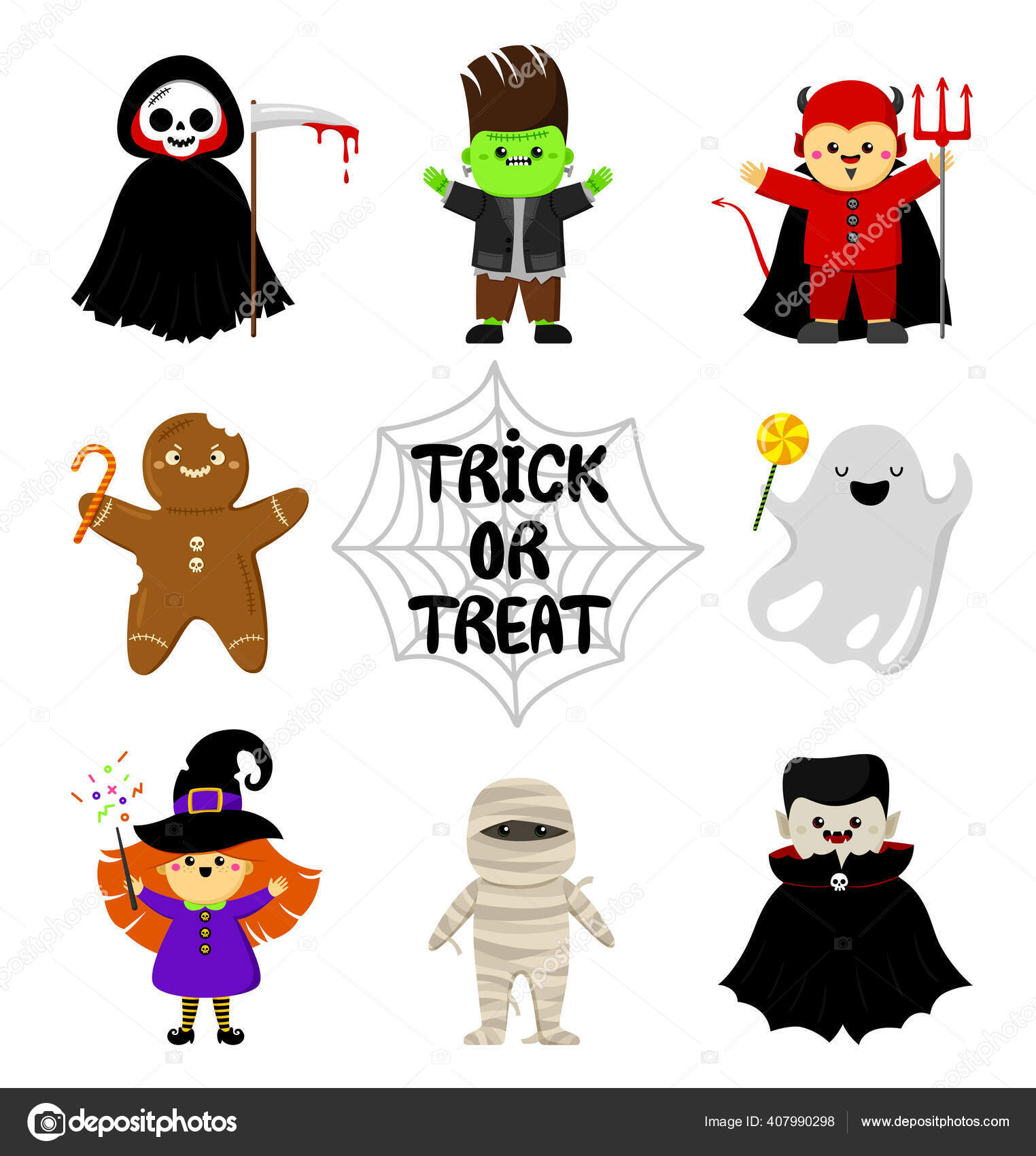 Cute Halloween Characters Cartoon Style Set Trick Treat Vector Clipart  Stock Vector Image by ©@ #407990298