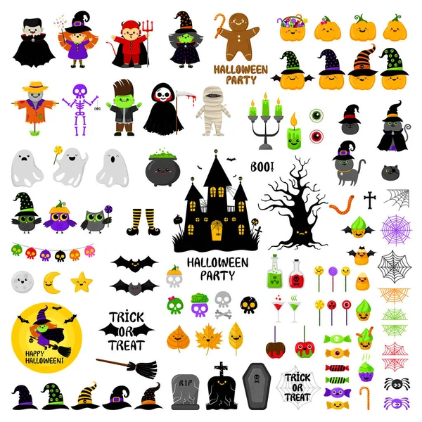 Conjunto Vetor Ícones Bonitos Halloween Estilo Dos Desenhos Animados Kawaii — Vetor de Stock