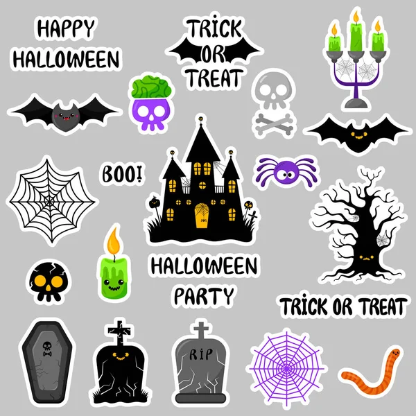 Conjunto Vetor Ícones Bonitos Halloween Estilo Dos Desenhos Animados Kawaii — Vetor de Stock