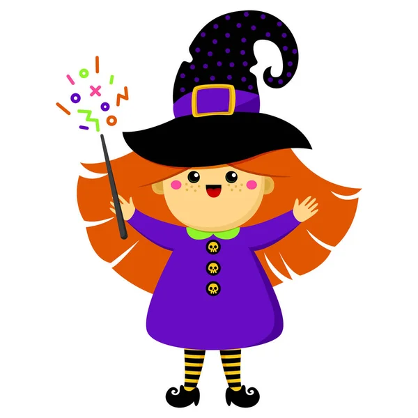 Halloween Cute Redhead Witch Hat Cartoon Character Kawaii Style Vector — Stock Vector