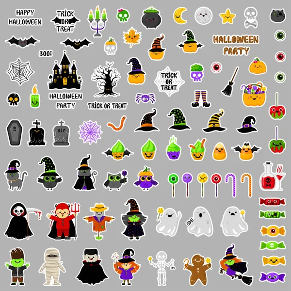 Adesivos Halloween Conjunto Vetor Ícones Bonitos Estilo Dos Desenhos Animados — Vetor de Stock