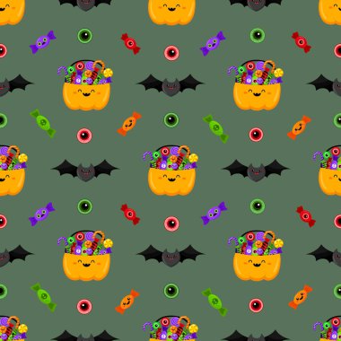 Cadılar Bayramı balkabağı sepetinin şekerlemeleri. Çizgi film tarzında vektör. Kawaii. Şeker mi şaka mı? Tatil sembolleri. Komik bir çizim. Kumaş, tekstil, kartpostallar, posterler, el ilanları, arka planlar ve kağıtlar için.