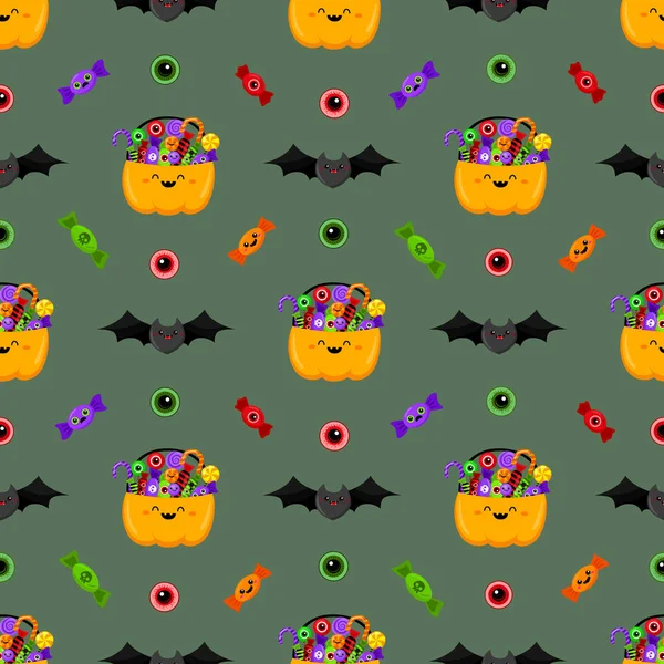 Halloween Pompoen Mand Snoepjes Patroon Vector Tekenfilmstijl Kawaii Snoep Schiet — Stockvector