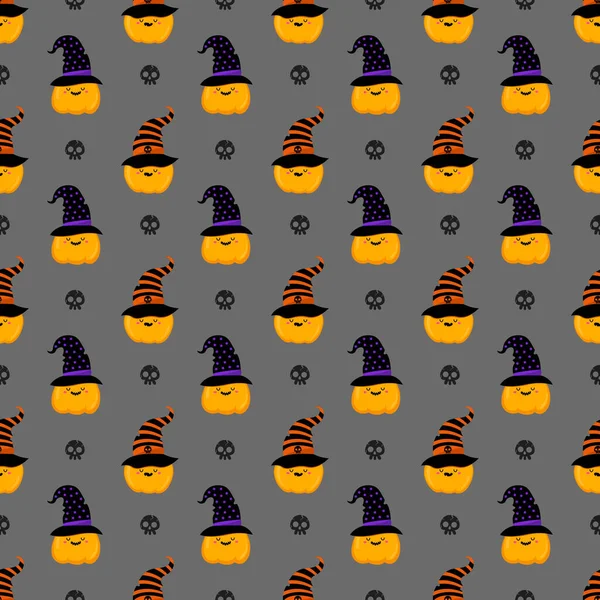 Citrouilles Halloween Chapeaux Modèle Vecteur Style Dessin Animé Kawaii Trucs — Image vectorielle