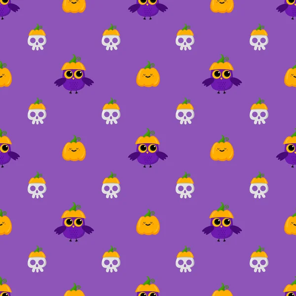 Halloween Mignonne Citrouilles Modèle Vectoriel Avec Des Hiboux Crânes Style — Image vectorielle