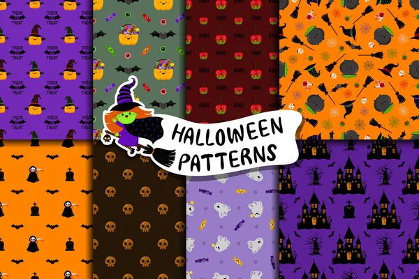 Set Van Leuke Halloween Vector Patronen Cartoon Stijl Kawaii Karakters — Stockvector