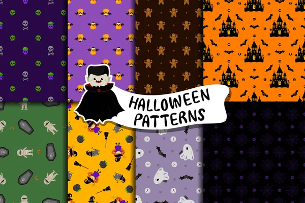 Sada Roztomilé Halloween Vektorové Vzory Kresleném Stylu Kawaiovské Postavy Legrační — Stockový vektor