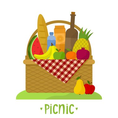 Wicker picnic basket with a blanket. Vector illustration with food, drinks and phrase. Flat style. Isolated on white background. Stylized fruits for cards, flyers, invitations. clipart