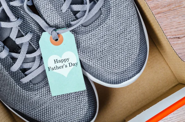 Happy Father Day Text Sneakers Box Wooden Background Father Day — Stock Photo, Image