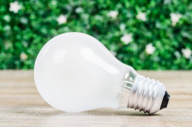 Ampul üzerinde yeşil arka plana sahip ahşap.