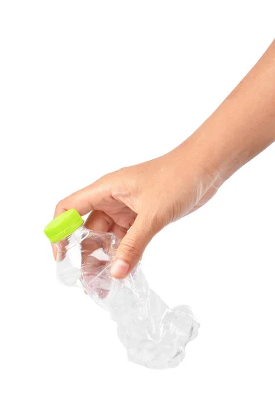 Nahaufnahme Hand Wirft Leere Plastikflasche Den Papierkorb Isoliert Auf Weißem — Stockfoto