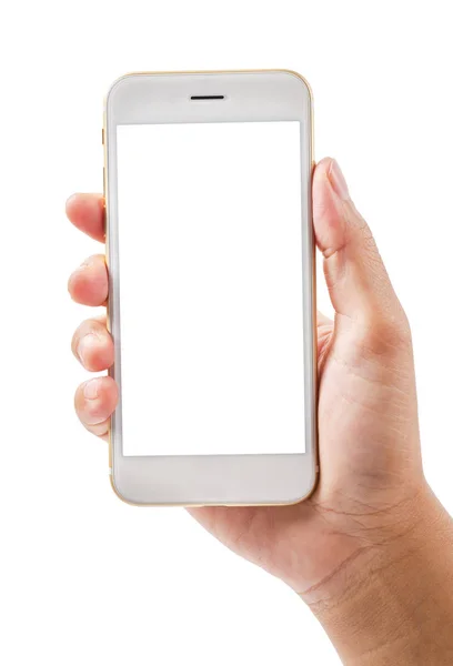 Nahaufnahme Hand Zeigt Touchscreen Handy Isoliert Auf Weißem Hintergrund Speichern — Stockfoto