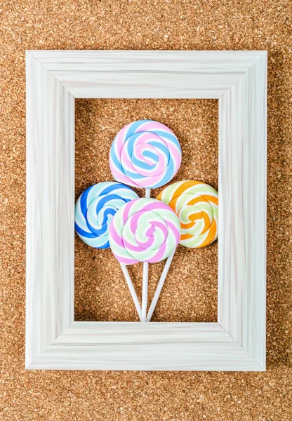 Colorful Lollipop Vintage Frame Wooden Background — Stock Photo, Image