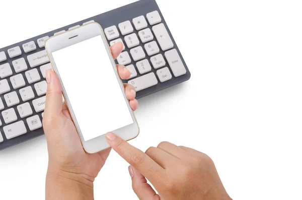 Hand Hält Smartphone Mit Tastatur Computer Isoliert Auf Weißem Hintergrund — Stockfoto