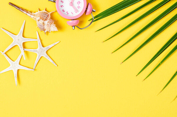 Beautiful shell and pink alarm clock with coconut leaf on yellow background for your text or message