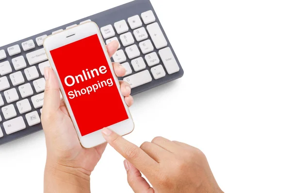 Hand Holding Online Shopping Smartphone Keyboard Computer Isolated White Background — Stock Photo, Image
