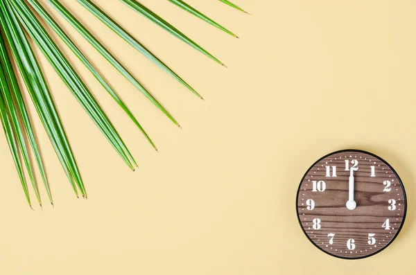 ココナッツ リーフ空き文字列または黄色の背景にメッセージをビンテージの木製時計 — ストック写真