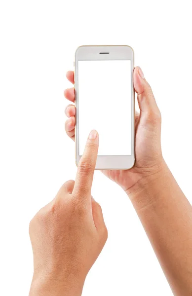 Nahaufnahme Hand Mit Telefon Isoliert Auf Weißem Hintergrund Speichern Clipping — Stockfoto