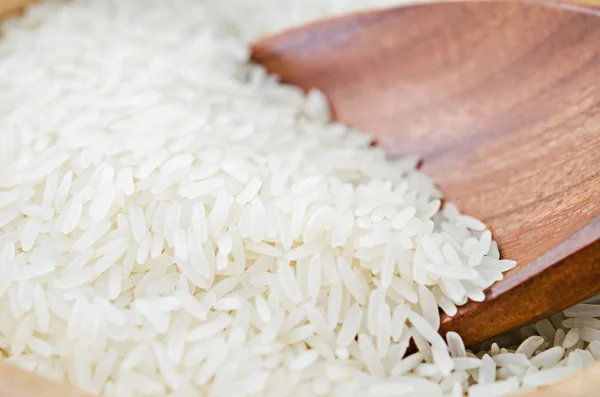 Close Raw White Rice Wooden Ladle — Stock Photo, Image