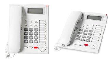 Beyaz arka plan üzerinde izole beyaz IP telefon ofis seti.