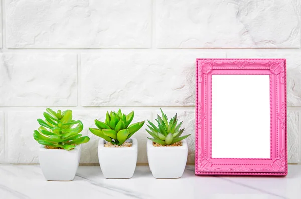 Marco de fotos vintage rosa en blanco con cactus sobre fondo de mármol . —  Fotos de Stock