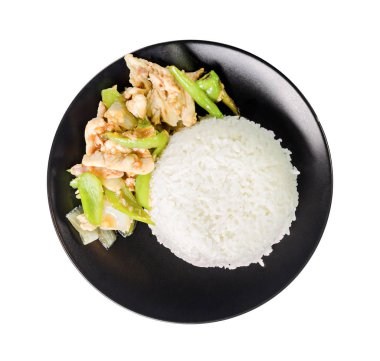 Tavuk kızartması, yeşil biber ve pilav..