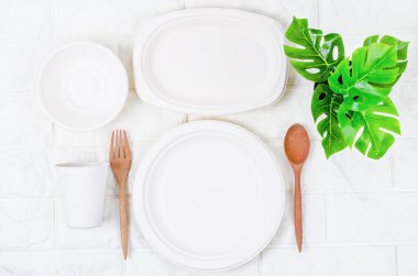 Çevre dostu, biyolojik olarak çözünebilir kağıt tabaklar ve mermer arka planda bitki içeren cam koleksiyonu..