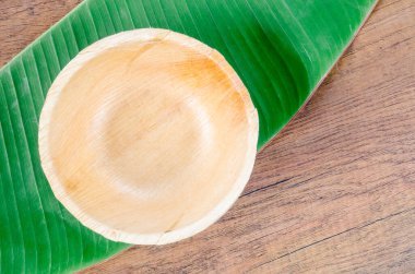 Kurutulmuş betel fındık yaprağı kabı, doğal malzeme. Yeşil ürün çevre dostu konsept.