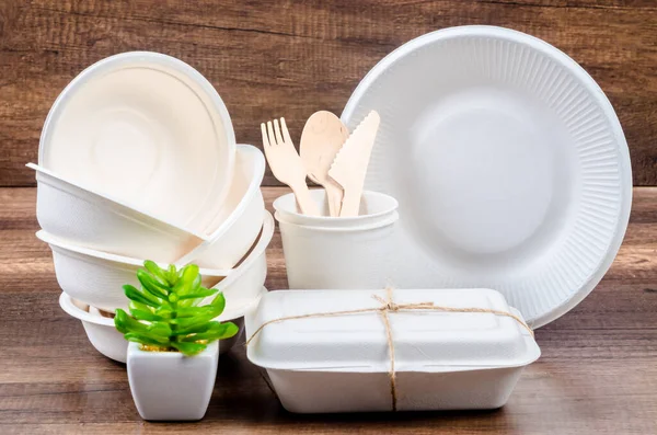 Set Aus Ungebleichten Pflanzenfasern Futterschachtel Und Kaffeetasse Aus Papier Verpackungen — Stockfoto