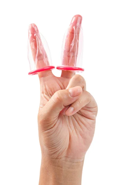 Ręka Pokazuje Znak Zwycięstwa Różowej Prezerwatywy Izolowane Białym Tle Zapisz — Zdjęcie stockowe