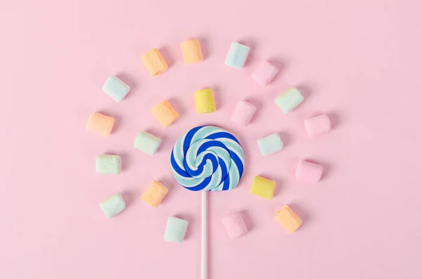Colorful Marshmallow Candy Pastel Pink Background — Stock Photo, Image