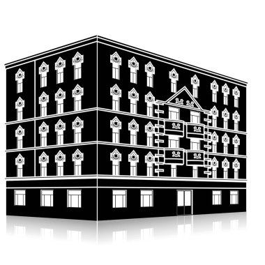 Beyaz arka planda giriş ve yansıması olan siluet ofis binası