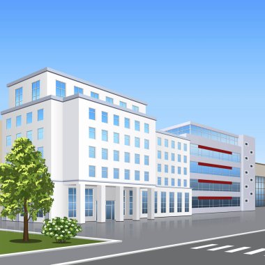 Girişi olan bir ofis binası ve sokağın arka planında bir yansıma.