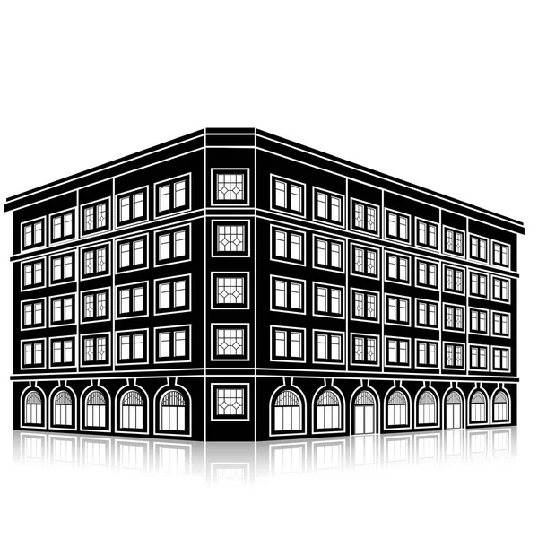 Silhouette Bürogebäude Mit Eingang Und Spiegelung Auf Weißem Hintergrund — Stockvektor