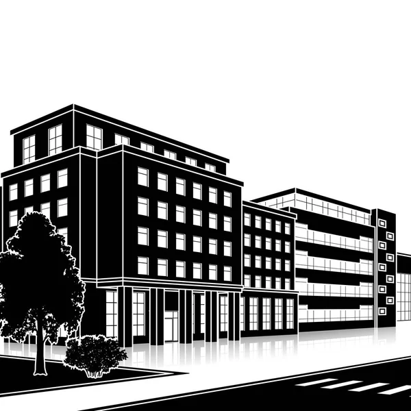 Immeuble Bureaux Silhouette Avec Entrée Une Réflexion Sur Fond Rue — Image vectorielle