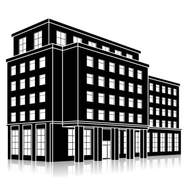 Beyaz arka planda giriş ve yansıması olan siluet ofis binası