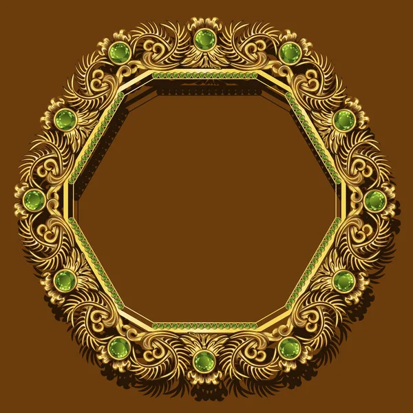 Frame Gold Color Emeralds Brown Background — Stock Vector