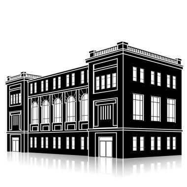 Beyaz arka planda giriş ve yansıması olan siluet ofis binası