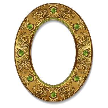 yuvarlak çerçeve altın rengi beyaz zemin üzerine zümrüt ile 