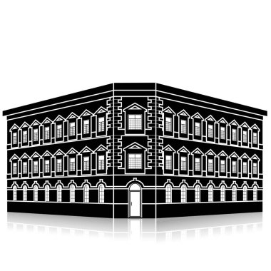 Beyaz arka planda giriş ve yansıması olan siluet ofis binası