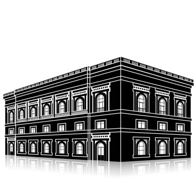 Beyaz arka planda giriş ve yansıması olan siluet ofis binası